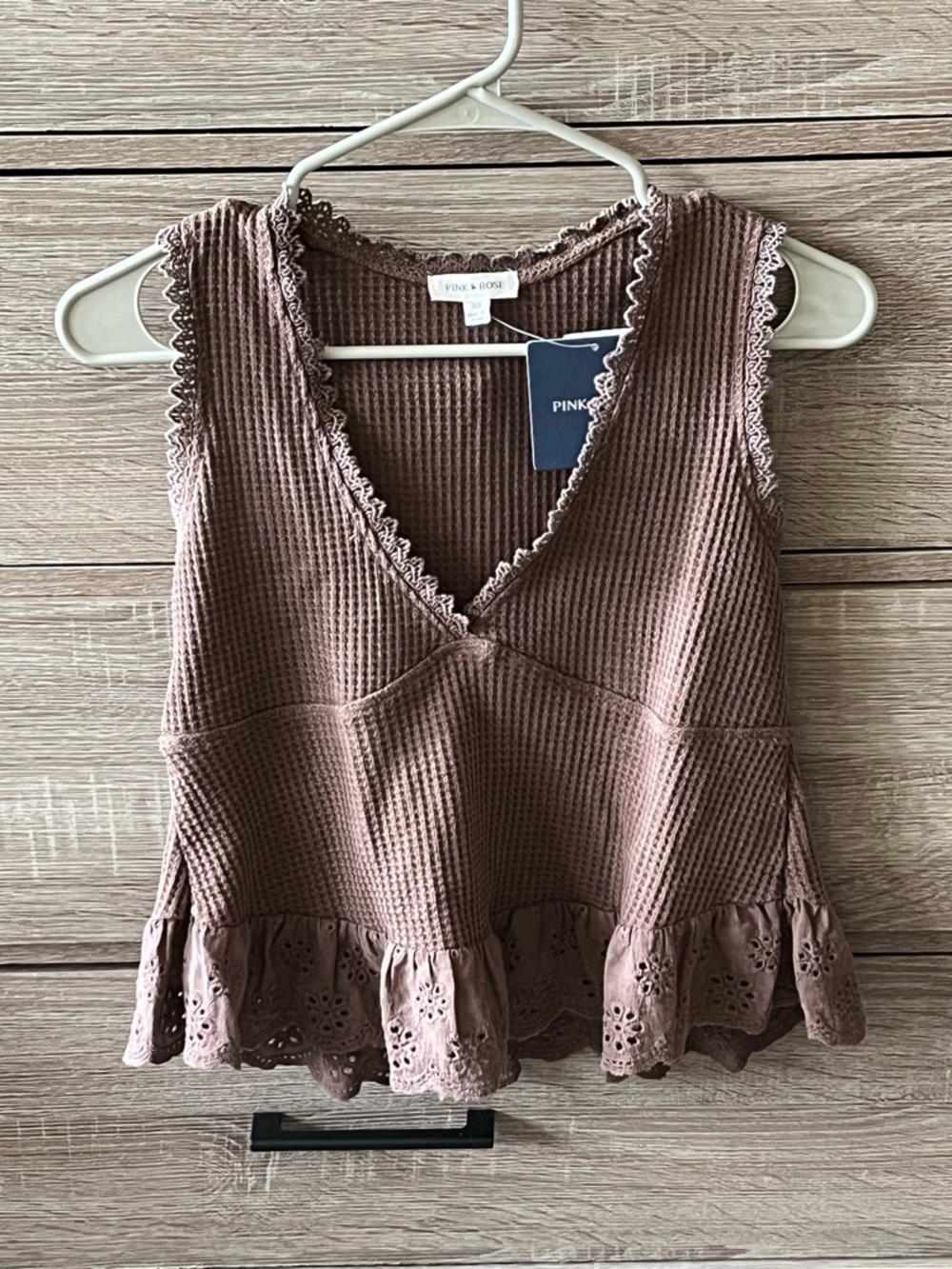 Pink Rose Mauve Waffle V-Neck Tank with Eyelet Ruffle Hem - Picture 1 of 4